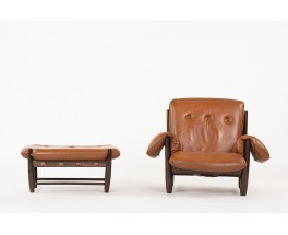 Fauteuil et repose-pieds Sergio Rodrigues modèle Mole en jacaranda et cuir marron 1957