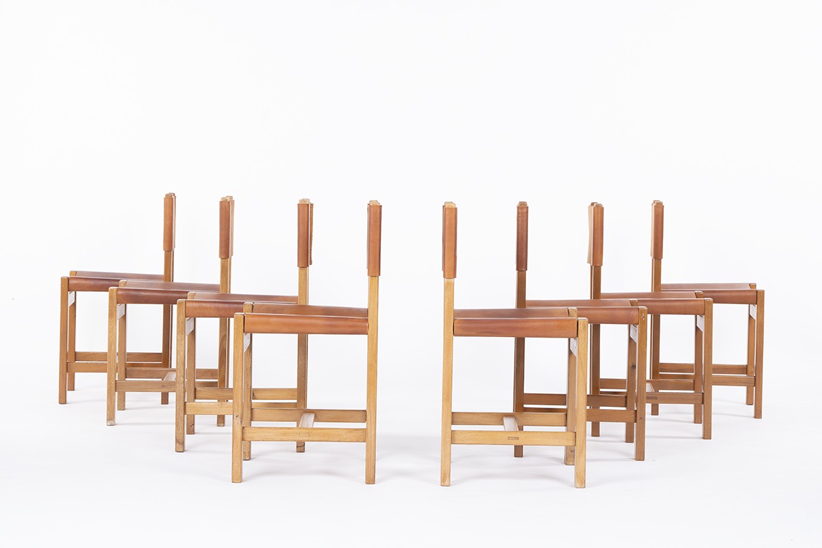 Chairs in elm and leather edition Maison Regain 1980 set of 8