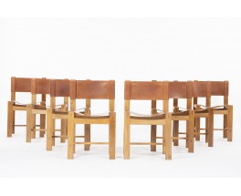 Chairs in elm and leather edition Maison Regain 1980 set of 8