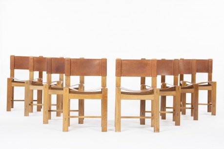 Chaises en orme et cuir édition Maison Regain 1980 set de 8