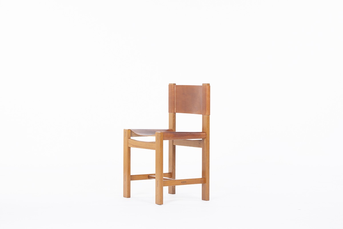 Chairs in elm and leather edition Maison Regain 1980 set of 8