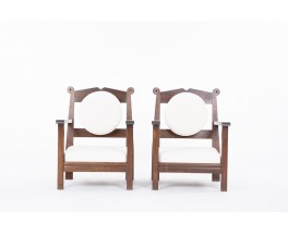 Armchairs in oak and terry fabric design reconstruction 1950 set of 2