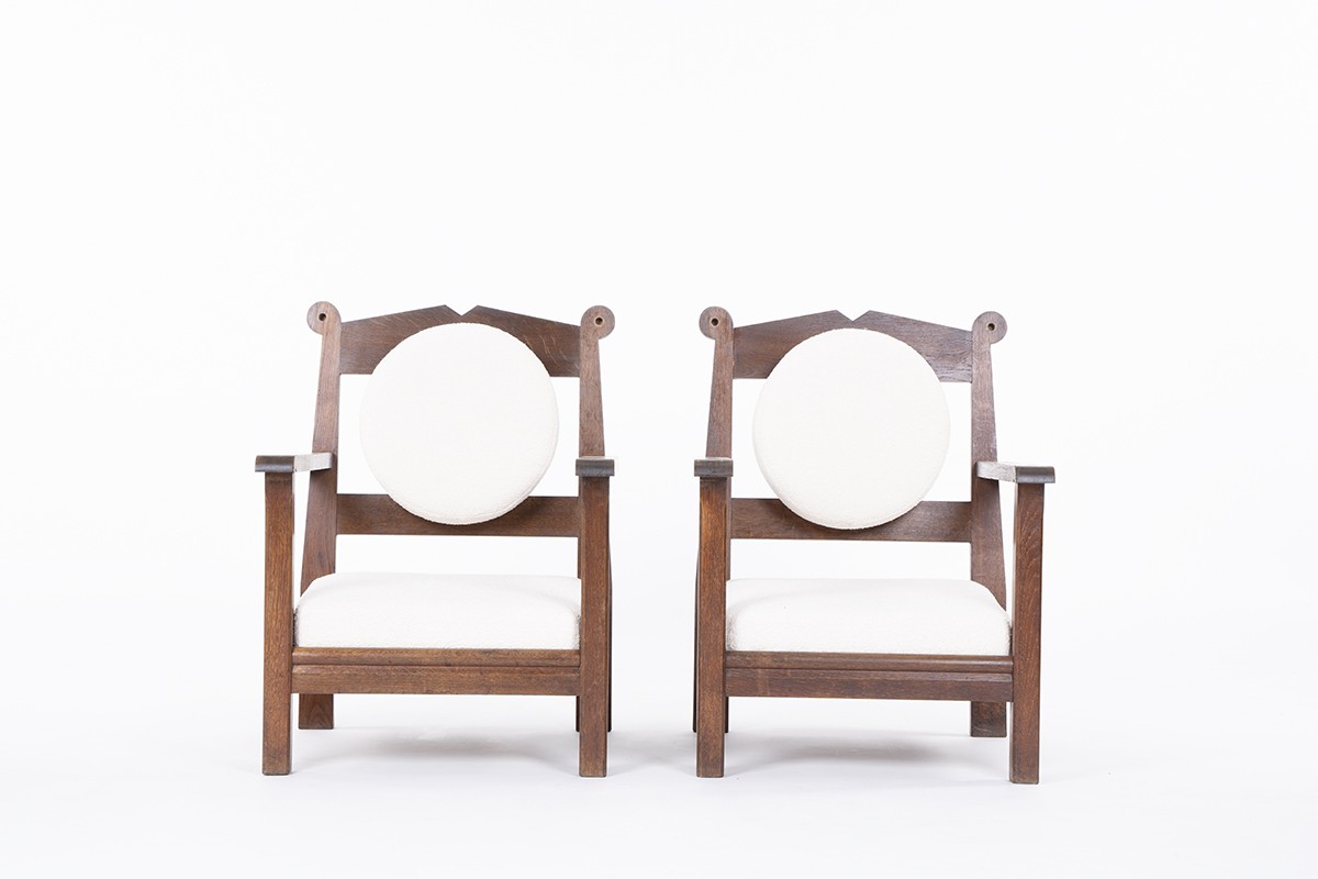 Armchairs in oak and terry fabric design reconstruction 1950 set of 2