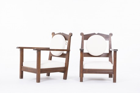 Fauteuils en chêne et tissu bouclette design reconstruction 1950 set de 2