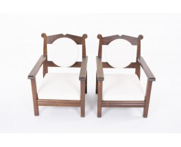 Armchairs in oak and terry fabric design reconstruction 1950 set of 2