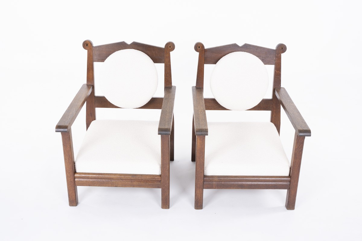 Armchairs in oak and terry fabric design reconstruction 1950 set of 2