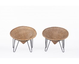 Armchairs model Basket in rattan and wrought iron 1950 set of 2