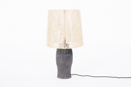 Lamp in iridescent black ceramic with rope lampshade 1950