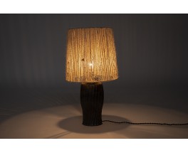 Lamp in iridescent black ceramic with rope lampshade 1950