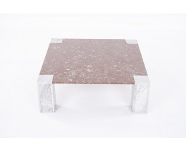 Square coffee table in red and white marble 1980