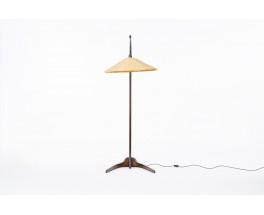 Lampadaire en bois et abat-jour rotin design italien 1950