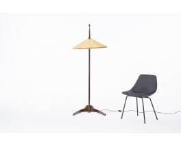 Lampadaire en bois et abat-jour rotin design italien 1950