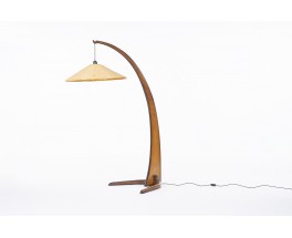 Lampadaire en bois et abat-jour rotin design italien 1950