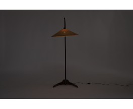 Lampadaire en bois et abat-jour rotin design italien 1950