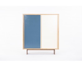 Armoire André Sornay en acajou blond et laque bleue beige 1960