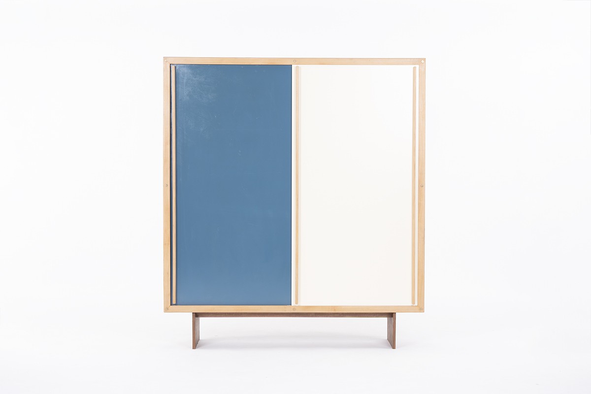 Andre Sornay wardrobe in blond mahogany and beige blue lacquer 1960