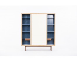 Andre Sornay wardrobe in blond mahogany and beige blue lacquer 1960