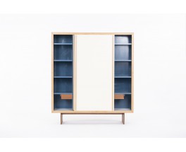 Armoire André Sornay en acajou blond et laque bleue beige 1960