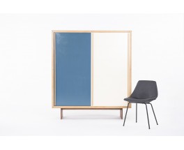 Armoire André Sornay en acajou blond et laque bleue beige 1960