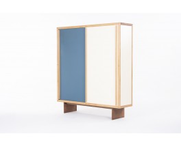 Armoire André Sornay en acajou blond et laque bleue beige 1960