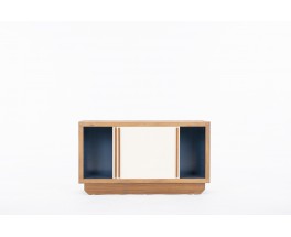 Meuble de rangement bas André Sornay en acajou et laque bleue beige 1960