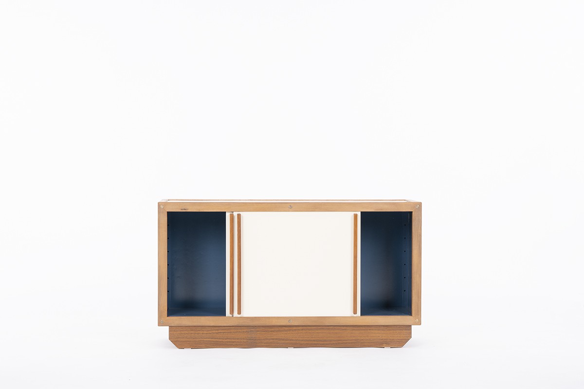 Andre Sornay low storage cabinet in mahogany and beige blue lacquer 1960