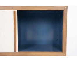 Meuble de rangement bas André Sornay en acajou et laque bleue beige 1960