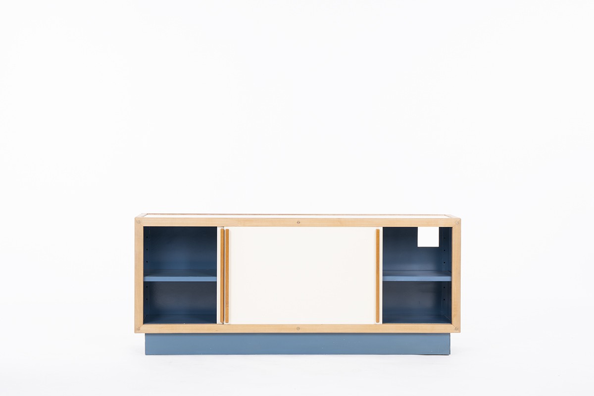 Andre Sornay 2-door sideboard in mahogany and beige blue lacquer 1960