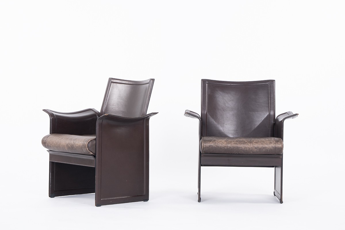 Tito Agnoli armchairs in brown leather by Matteo Grassi 1970 set of 2