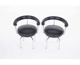 Charlotte Perriand armchairs model LC7 chrome and black leather edition Cassina 1970