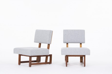 Andre Sornay low chairs in mahogany and grey Kvadrat fabric 1960 set of 2