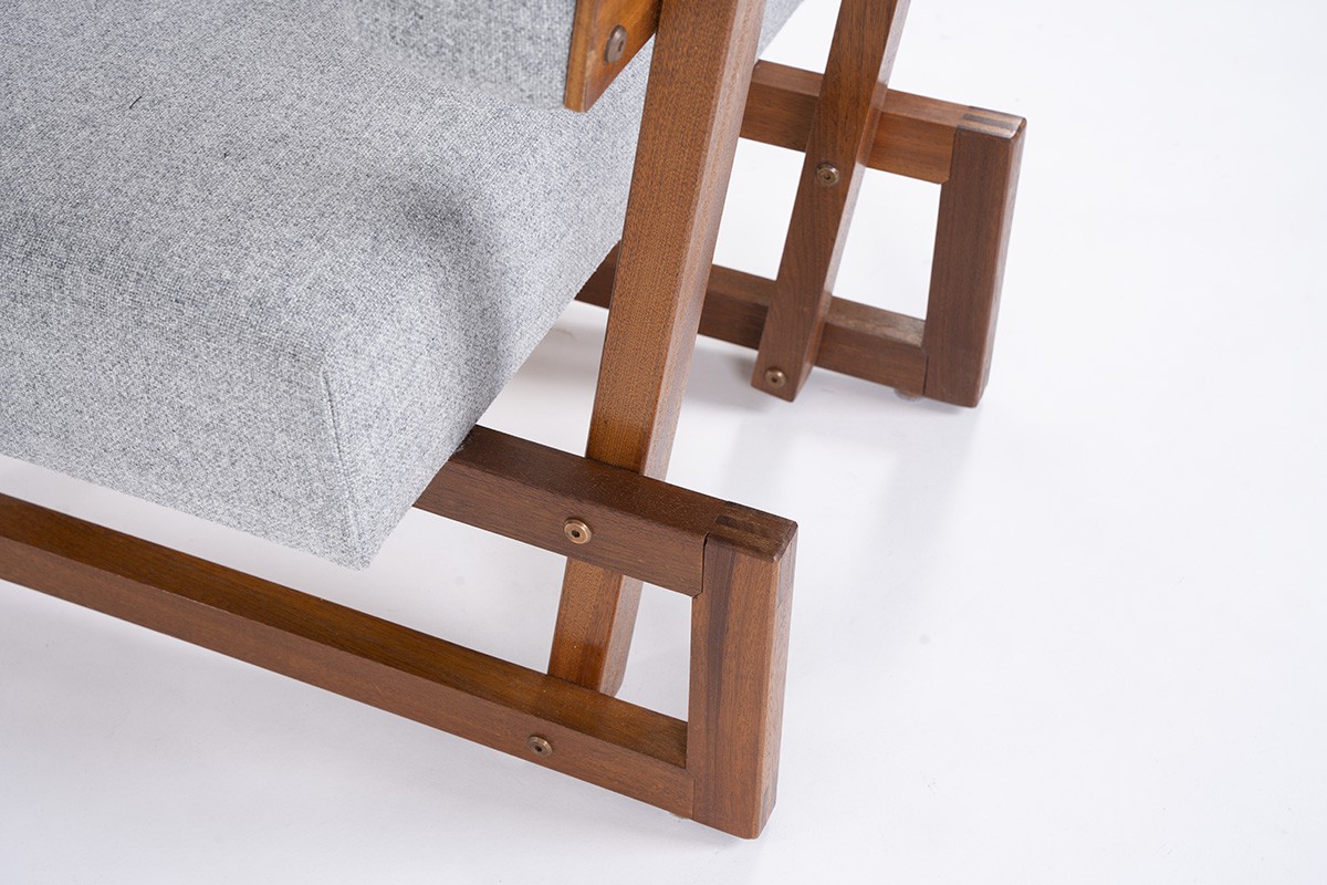Andre Sornay low chairs in mahogany and grey Kvadrat fabric 1960 set of 2