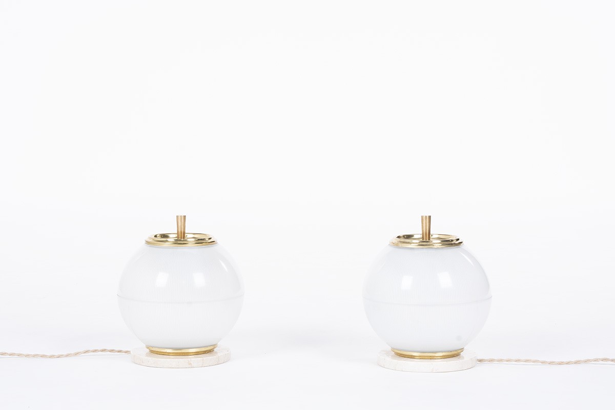 Table lamps model Holophane in brass and marble Italian design 1960 set of 2