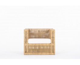 Armchair square model in cane and beige terry cushion 1950