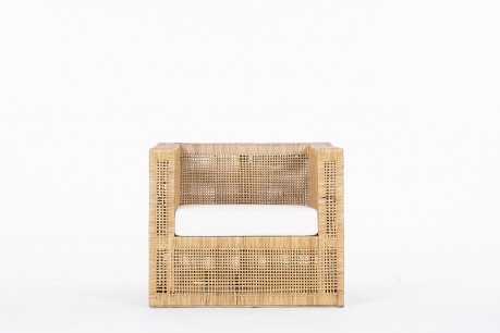 Armchair square model in cane and beige terry cushion 1950
