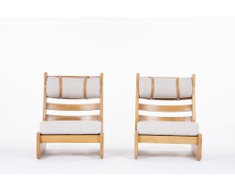 Low chairs in elm and linen cushions edition Maison Regain 1980 set of 2