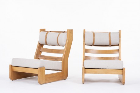 Low chairs in elm and linen cushions edition Maison Regain 1980 set of 2