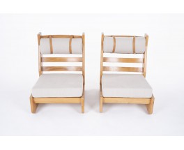 Low chairs in elm and linen cushions edition Maison Regain 1980 set of 2