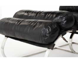 Chaise longue en chrome et cuir noir 1970