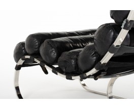 Chaise longue en chrome et cuir noir 1970