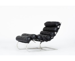 Chaise longue en chrome et cuir noir 1970