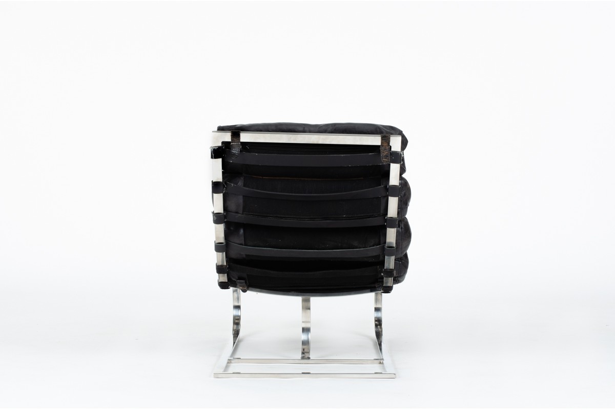 Chaise longue en chrome et cuir noir 1970