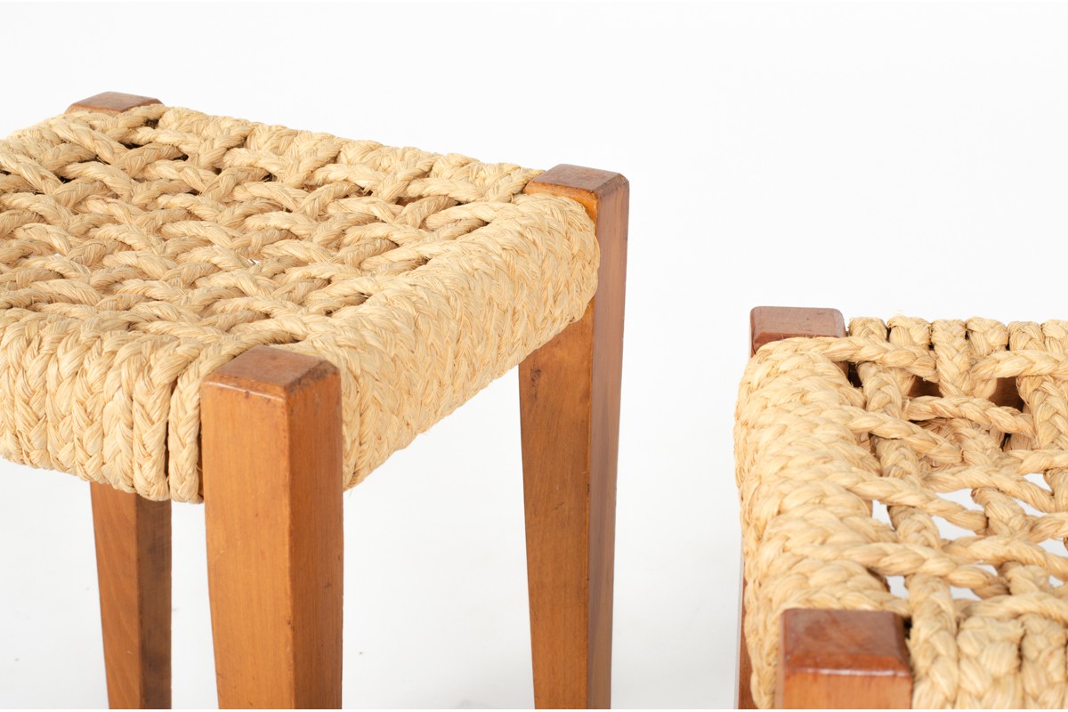 Audoux & Minet stools in oak and rope 1950 set of 2