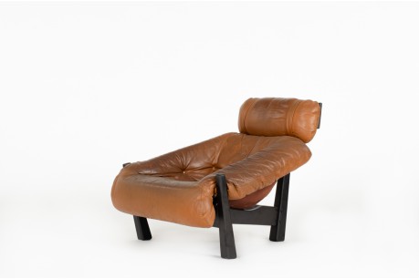 Fauteuil Gérard Van Den Berg bois et cuir édition Montis 1970