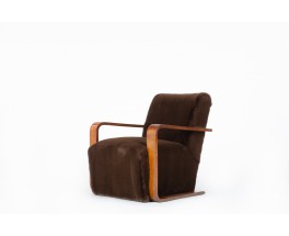 Armchair in beech and brown fleece design Art Deco 1930