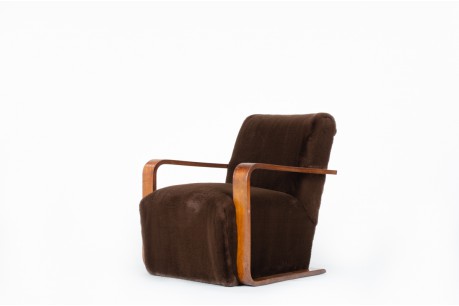 Armchair in beech and brown fleece design Art Deco 1930