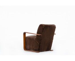 Fauteuil en hêtre et polaire marron design Art Déco 1930