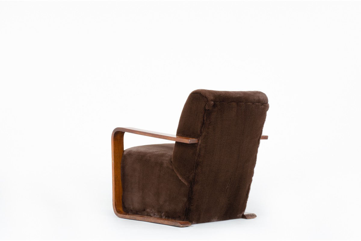 Armchair in beech and brown fleece design Art Deco 1930