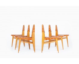 Chairs in beech and brown leather 1950 set of 6