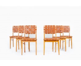Chairs in beech and brown leather 1950 set of 6